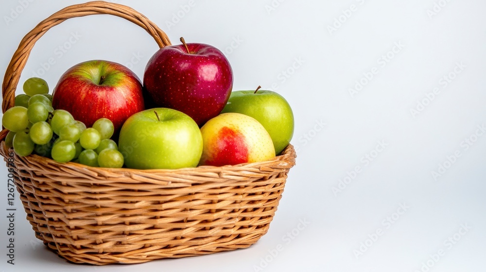 Wicker Basket Containing Red and Green Apples with Green Grapes on White Backdrop Wicker Basket Containing Red and Green Apples with Green Grapes on White Backdrop