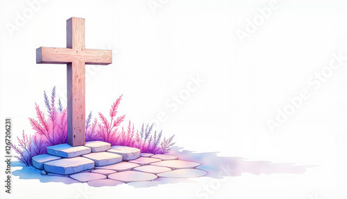 Rustic wooden cross on stone path in pastel tones with copy space, Good Friday symbolism