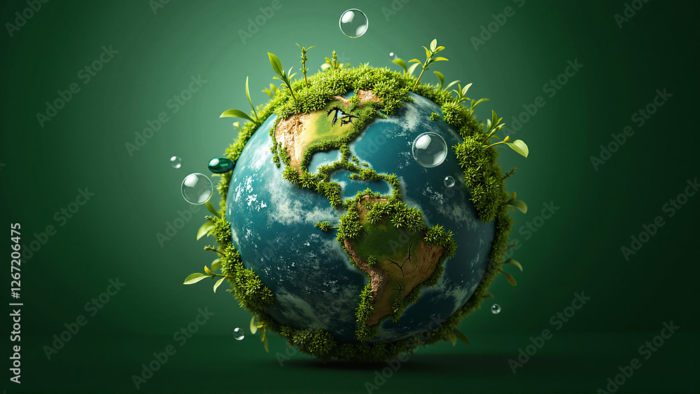 Fototapeta premium Lush Green Planet Surrounded by Oxygen Bubbles Symbolizing Healing
