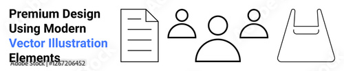 Simplified line-based icons of three users, a document, and a shopping bag. Ideal for teamwork concepts, e-commerce, file sharing, modern UIUX, collaboration, retail marketing visuals flat landing