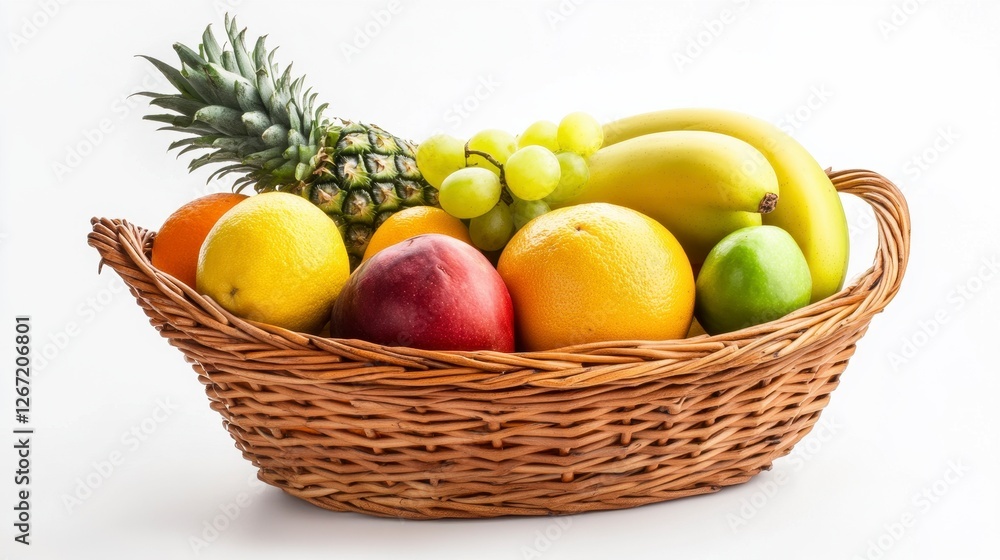 Wicker Basket Filled with Fresh Tropical Fruits on White Background Still Life Wicker Basket Filled with Fresh Tropical Fruits on White Background Still Life