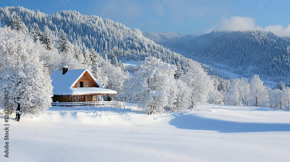 A snow-covered mountain landscape is dotted with fir trees, offering a peaceful winter retreat in nature’s beauty A snow-covered mountain landscape is dotted with fir trees, offering a peaceful winter retreat in nature’s beauty