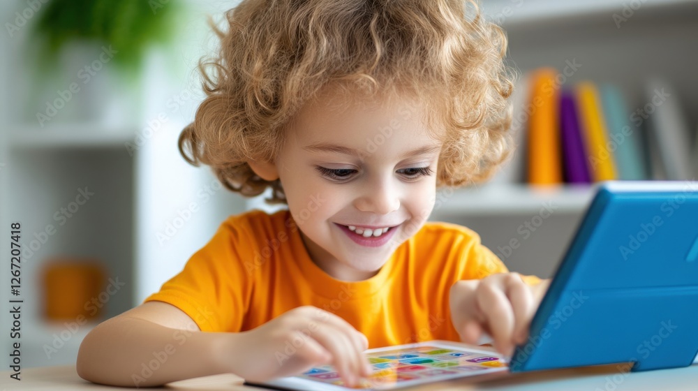 A child using a tablet to learn math, colorful educational app on the screen, realistic home environment, A child using a tablet to learn math, colorful educational app on the screen, realistic home environment,