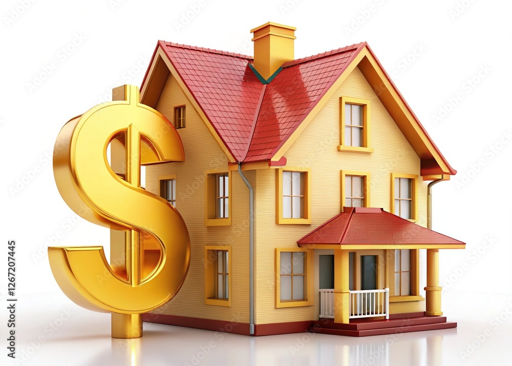 House Model with Golden Dollar Sign Isolated on White Background