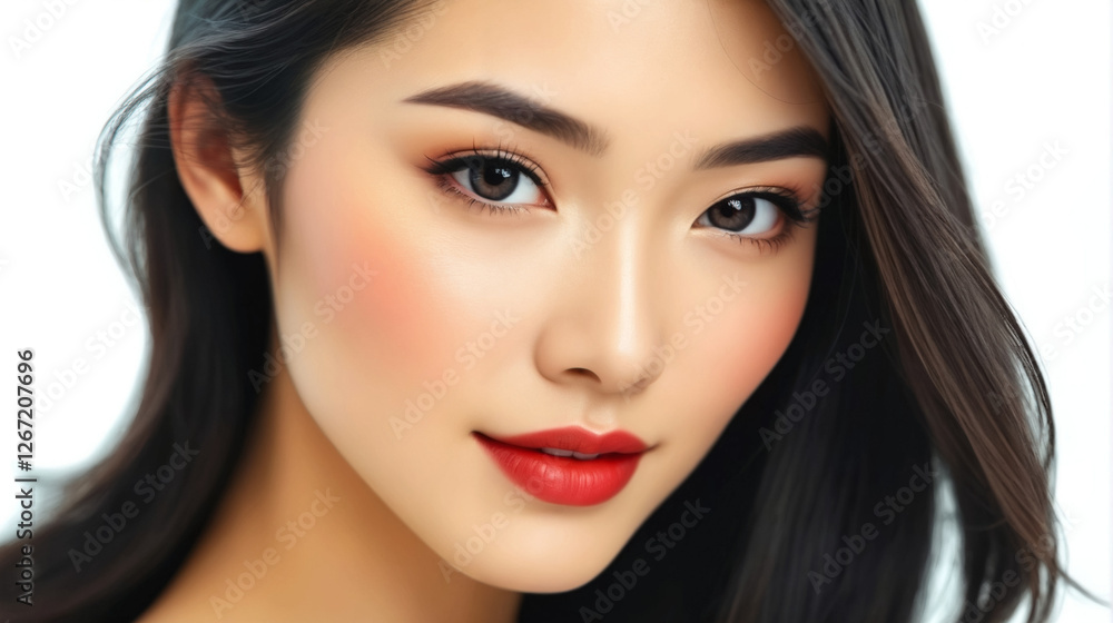 Portrait of a Young Chinese Woman with Luxurious Skin and Bold Red Lipstick. Charming Asian beauty with a cute smile on a white background. Macro photography. Portrait of a Young Chinese Woman with Luxurious Skin and Bold Red Lipstick. Charming Asian beauty with a cute smile on a white background. Macro photography.