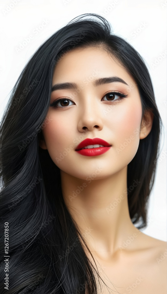 Young Chinese Woman with Luxurious Skin and Bold Red Lipstick. Asian beauty with a cute smile on a white background. Young Chinese Woman with Luxurious Skin and Bold Red Lipstick. Asian beauty with a cute smile on a white background.