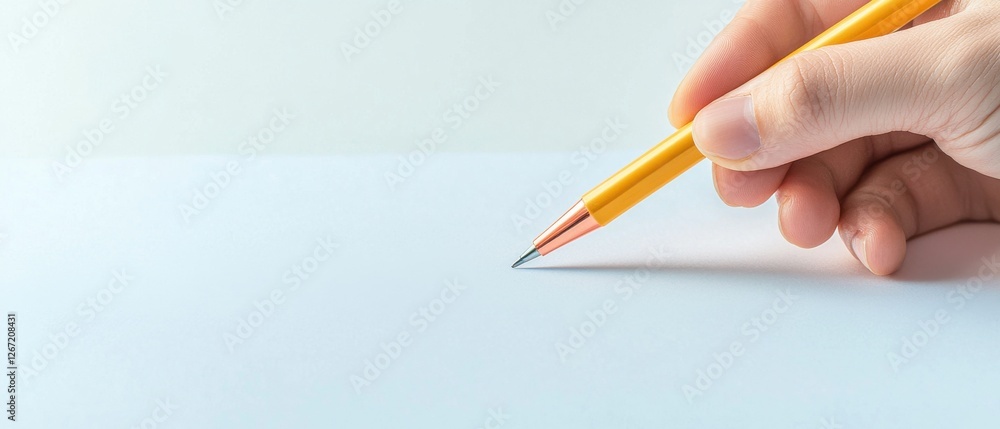 Creative hand preparing to write with a yellow pencil on blank white paper in minimalist office setting Creative hand preparing to write with a yellow pencil on blank white paper in minimalist office setting
