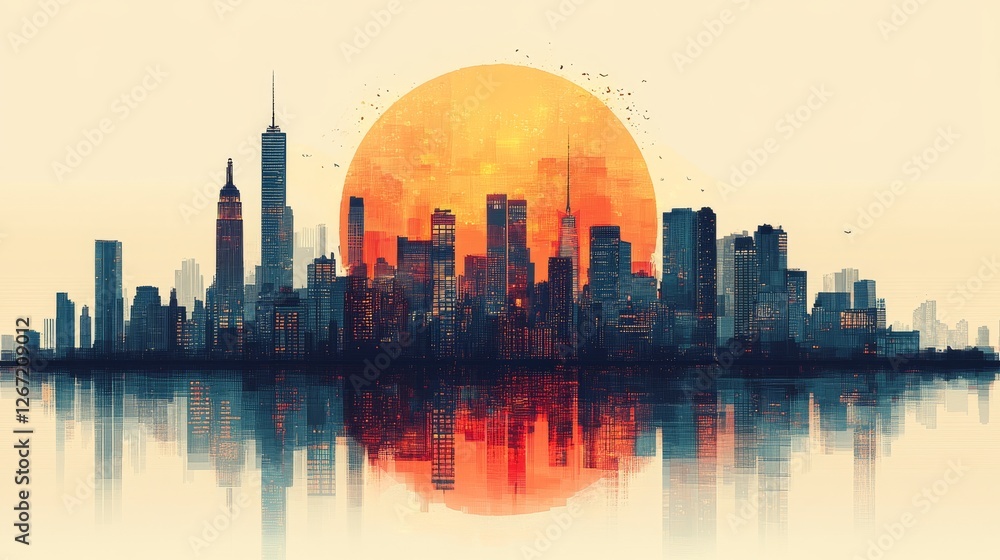 Obraz premium Urban Sunset Reflection: A Cityscape Silhouette at Golden Hour
