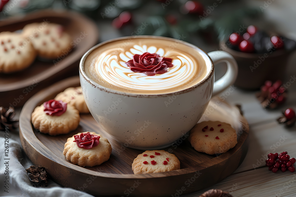 Lattle Art coffee, An elegant minimalist table setting featuring a cup of coffee with rose latte art and cookies with red roses Lattle Art coffee, An elegant minimalist table setting featuring a cup of coffee with rose latte art and cookies with red roses