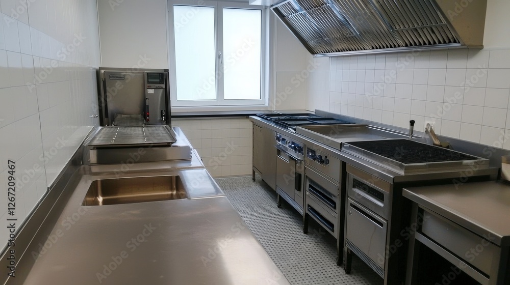 A functional kitchen layout showcasing top-notch professional equipment, designed with an efficient workflow in mind, and perfect for mastering culinary arts in comfort. A functional kitchen layout showcasing top-notch professional equipment, designed with an efficient workflow in mind, and perfect for mastering culinary arts in comfort.