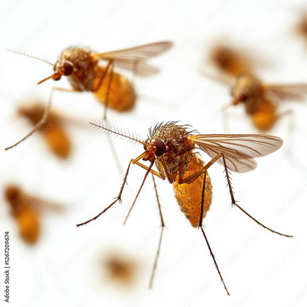 Mosquitoes isolated on white background. Mosquitoes are flying. Mosquito spray, mosquito net. Malaria mosquito. Dangerous insect mosquito.