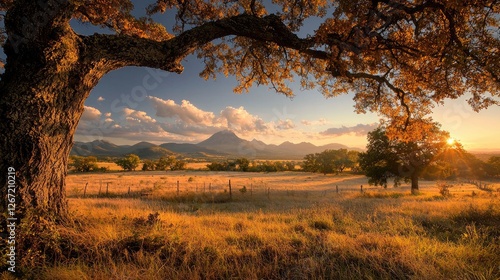Sunset over autumnal Texas Hill Country pasture