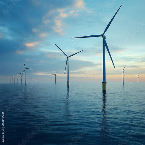 Offshore wind turbines standing in calm ocean waters under a soft blue sky