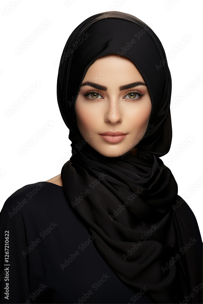 Gorgeous Eye Muslim Woman in Black Hijab Attire Photo on Png Background.Fictional Character Created By Generative AI Gorgeous Eye Muslim Woman in Black Hijab Attire Photo on Png Background.Fictional Character Created By Generative AI
