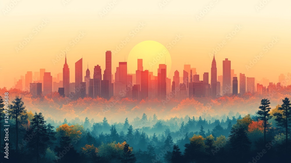 Fototapeta premium Cityscape Silhouette at Sunset Over Misty Autumn Forest