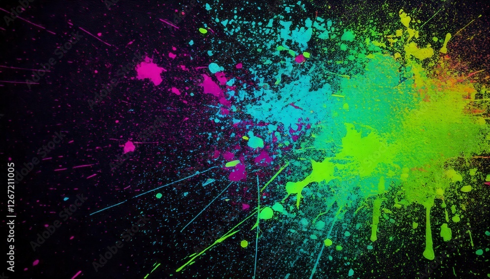 A vibrant grunge texture with neon paint splashes on a dark, distressed surface. A vibrant grunge texture with neon paint splashes on a dark, distressed surface.
