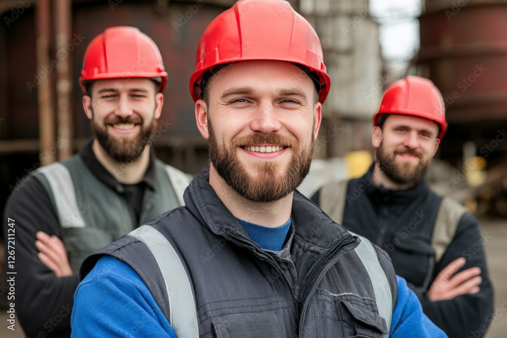 Confident construction site workers in red hard hats and blue uniforms standing together at industrial worksite teamwork and professional collaboration Confident construction site workers in red hard hats and blue uniforms standing together at industrial worksite teamwork and professional collaboration