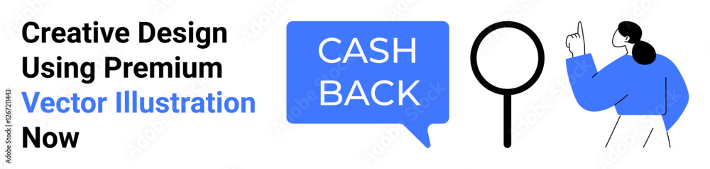 Cashback text in speech bubble, magnifying glass, and gesturing person promoting cashback benefits and search concepts. Ideal for finance ads, e-commerce, rewards, savings, promotions, digital Cashback text in speech bubble, magnifying glass, and gesturing person promoting cashback benefits and search concepts. Ideal for finance ads, e-commerce, rewards, savings, promotions, digital
