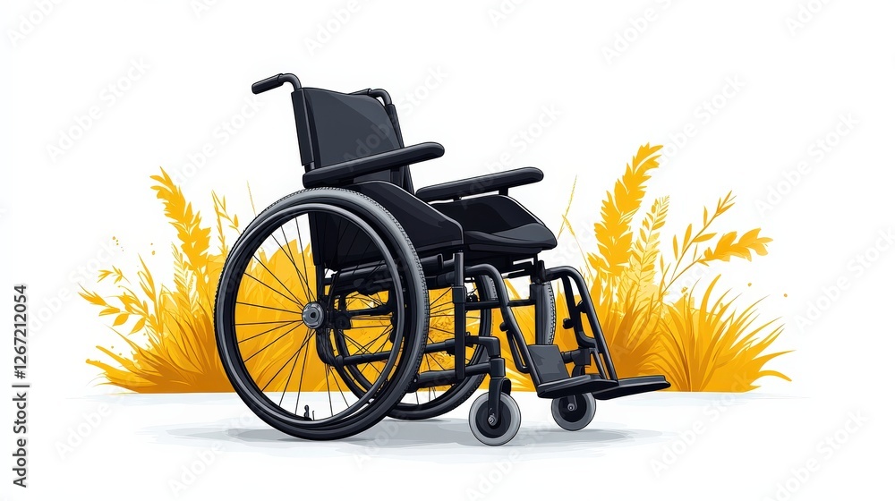 Fototapeta premium A sleek black wheelchair positioned against a backdrop of vibrant yellow grass, symbolizing accessibility