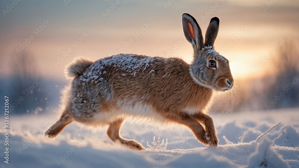 A rabbit running through a snowy landscape at sunset, showcasing winter wildlife. A rabbit running through a snowy landscape at sunset, showcasing winter wildlife.