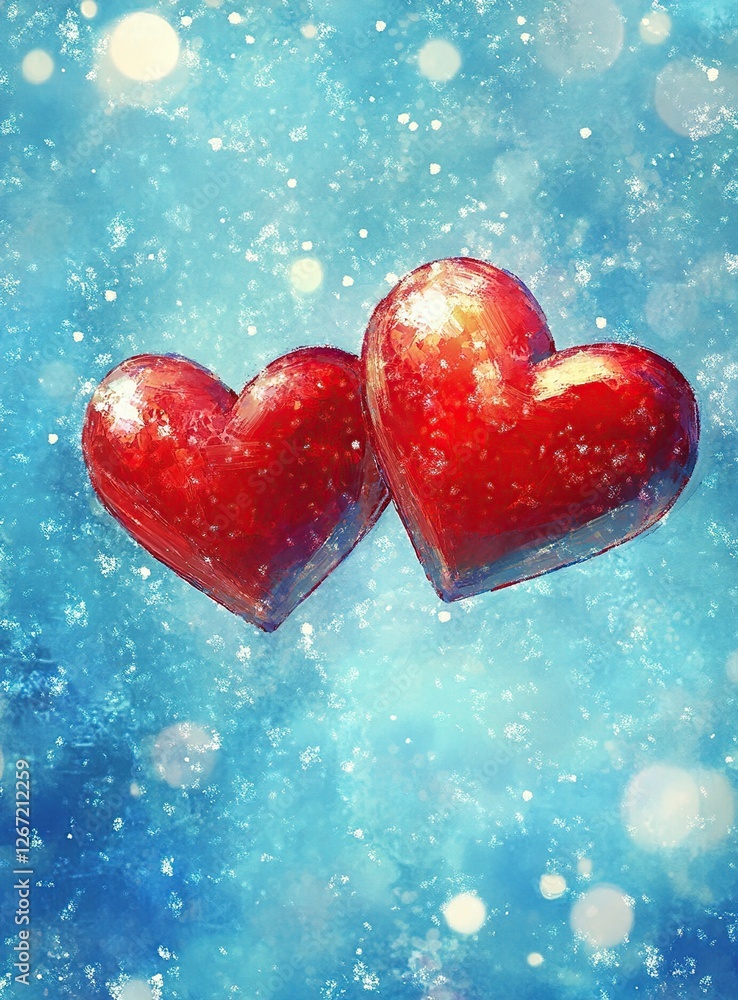 Obraz premium Two Red Hearts Float Gently on a Blue Winter Sky, Sparkling with Festive Lights: A Romantic Winter Scene