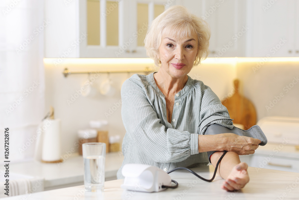 Senior woman measuring blood pressure at table in kitchen Senior woman measuring blood pressure at table in kitchen