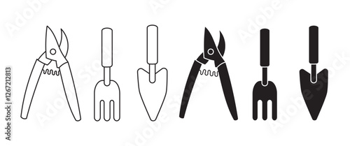 Outline and silhouette garden tools pruners, fork, trowel for gardening icons isolated