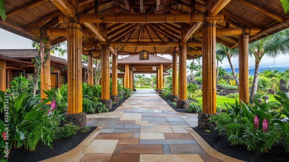 A high-end tropical resort lobby with bamboo and stone decor, surrounded by lush greenery. A high-end tropical resort lobby with bamboo and stone decor, surrounded by lush greenery.