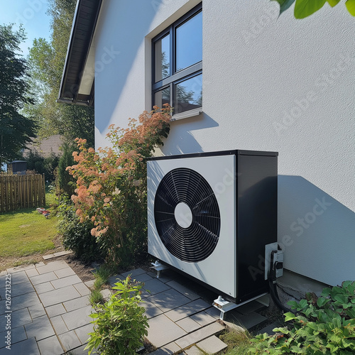 Modern heat pump installed outside a house with a garden in a sunny setting