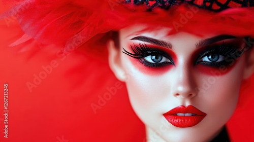 This image features a stunning model with bold red makeup and a dramatic hat, captivating viewers with high contrast and striking beauty elements that create a powerful visual impact. photo