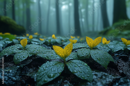 Ephemeral Glimmers, Golden Jewels Under Forest's Emerald Canopy
