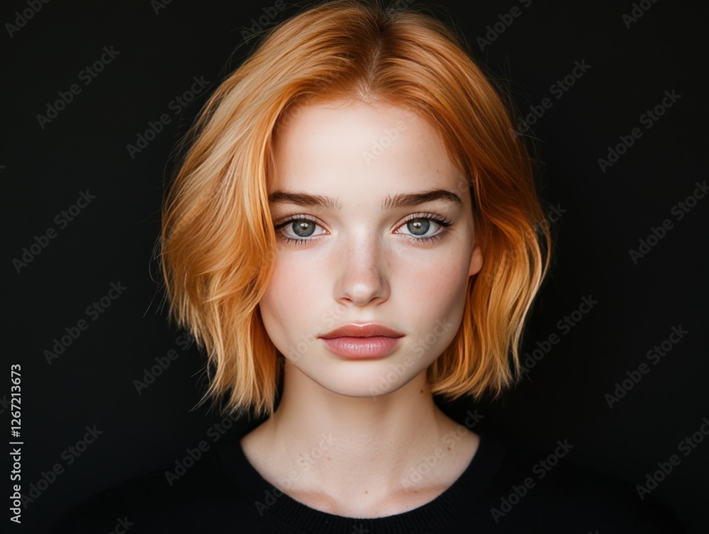Close up portrait of young woman with short red hair and serious expression against dark moody background symbolizing individuality intensity and deep emotional depth Close up portrait of young woman with short red hair and serious expression against dark moody background symbolizing individuality intensity and deep emotional depth