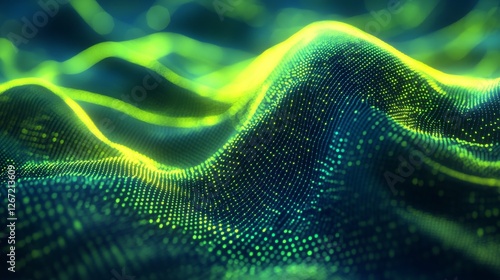 Digital landscape of green and blue undulating hills