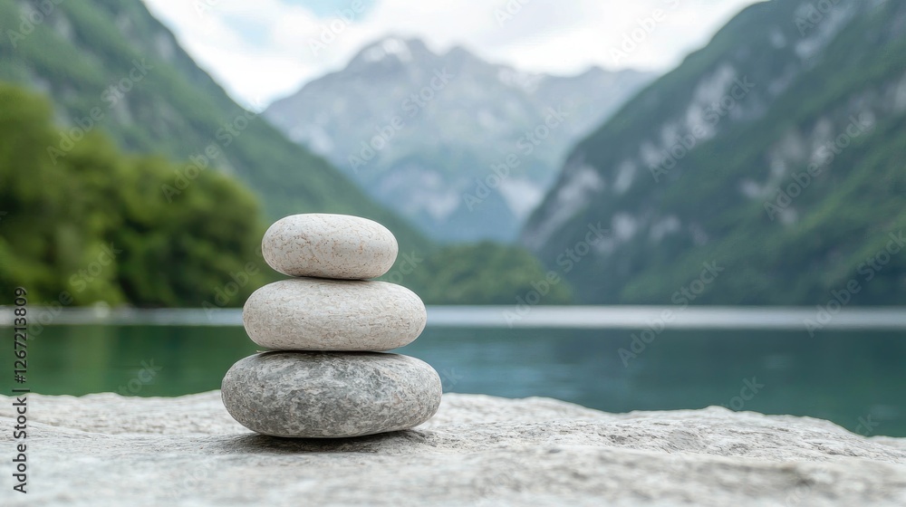 Balanced stones by serene lake, mountains backdrop, peace, meditation Balanced stones by serene lake, mountains backdrop, peace, meditation