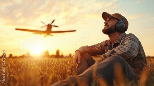 A pilot sits calmly in a wheat field during dusk, appreciating the ethereal beauty of the sunset, with an aircraft taking off in the background, embodying a spirit of adventure. photo