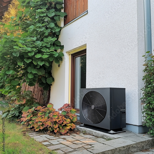 Outdoor heat pump installed beside a modern house with green plants and a garden path