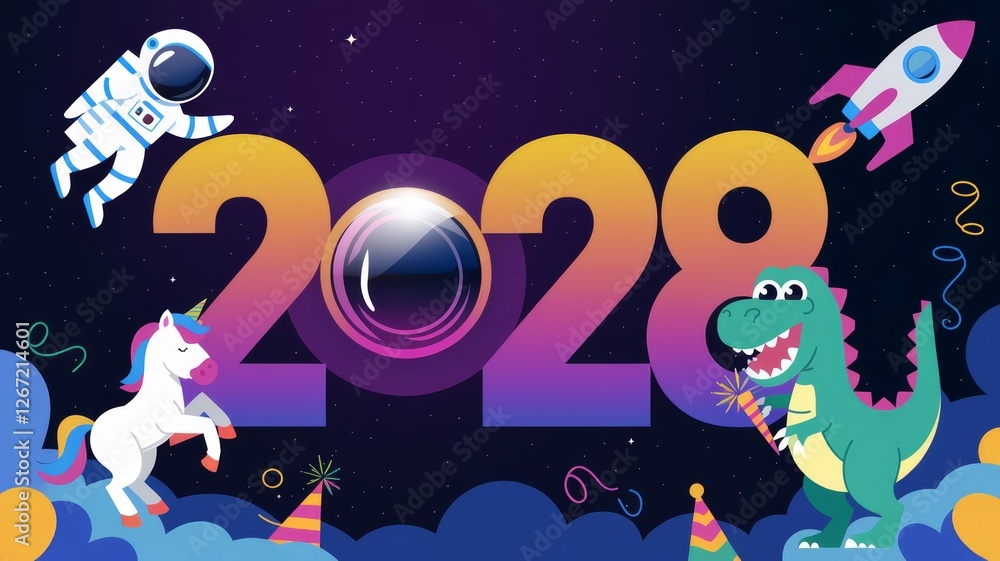 Naklejka premium Fun Cartoon-Style 2028 Celebration with Astronaut, Unicorn, and Dinosaur Generatve aI