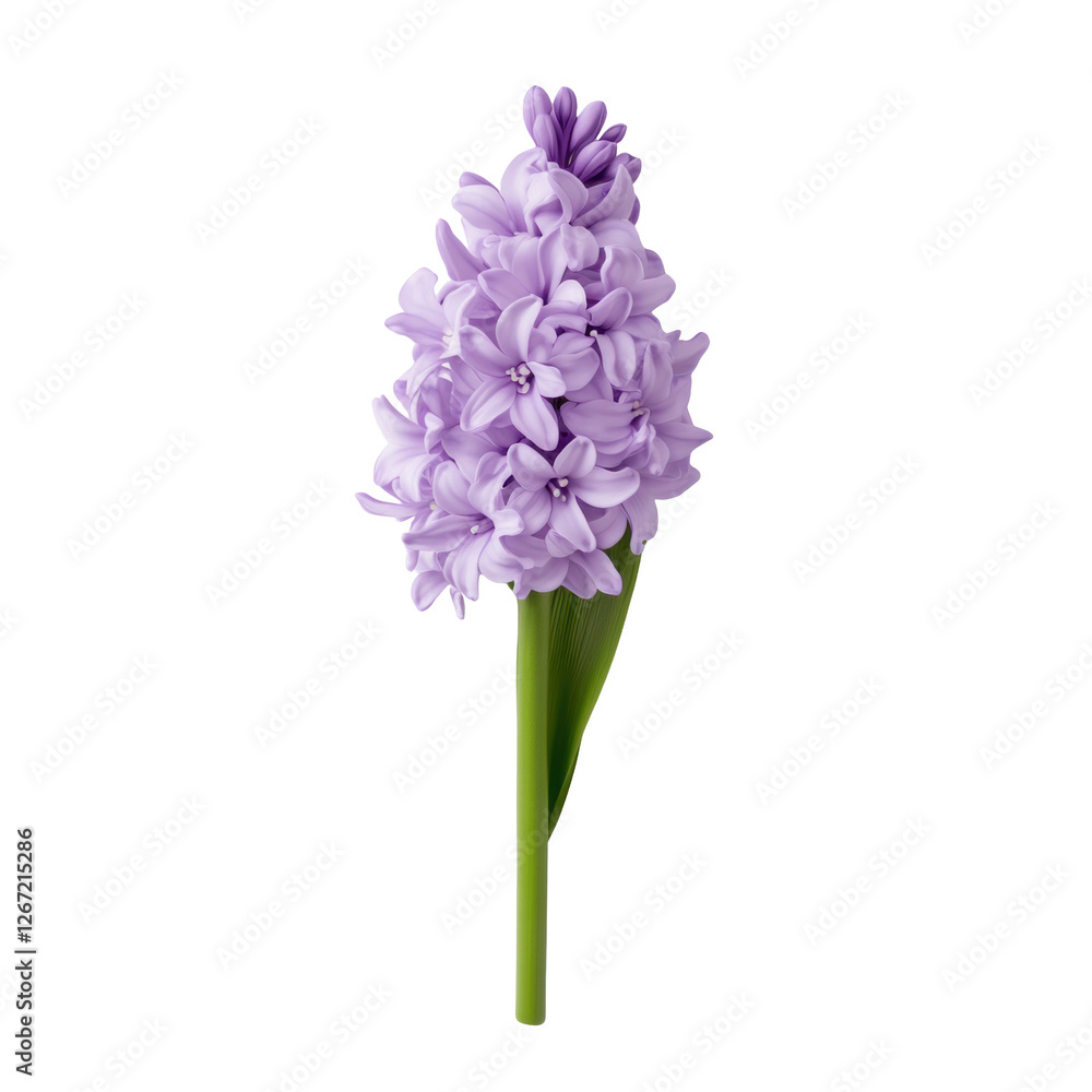 Naklejka premium A single purple flower with a green stem. The flower is the main focus of the image. The flower is in the center of the image and is surrounded by a white background
