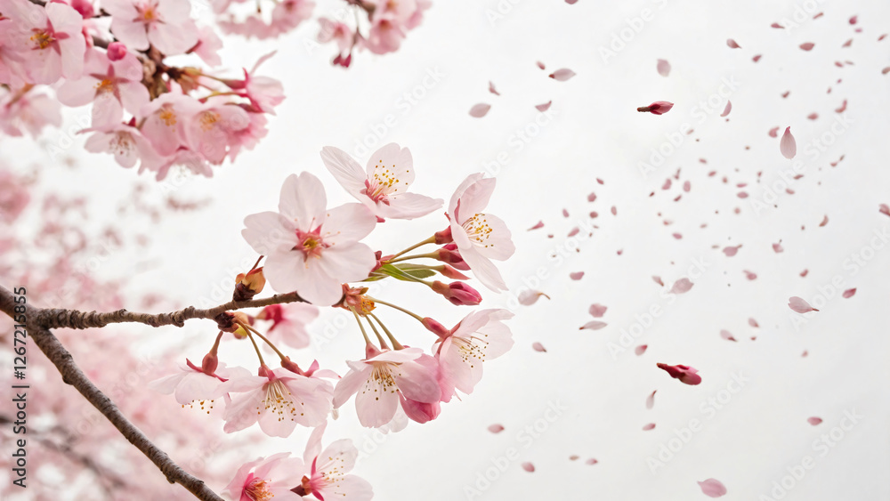 Fototapeta premium Delicate Cherry Blossom Petals Falling Gently from Branch in Soft Pink Background with Light Overcast Sky
