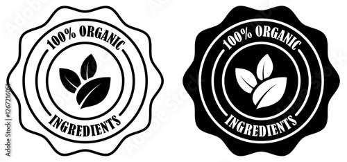 100 percent organic ingredients certified label. Eco friendly organic product stamp design. Premium organic food certification badge. Healthy natural ingredients guarantee seal. Vector illustration 
