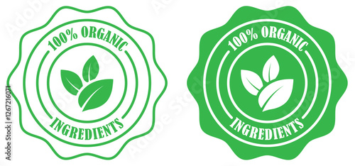 100 organic product badge collection set on white background. Sustainable organic food quality label. 100 percent organic ingredients certified label. Bio friendly organic stamp. Vector illustration 