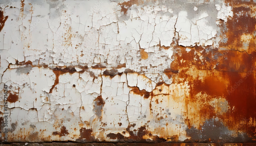 Fototapeta premium A weathered wall with peeling white paint and streaks of rust blending into brown and grey background