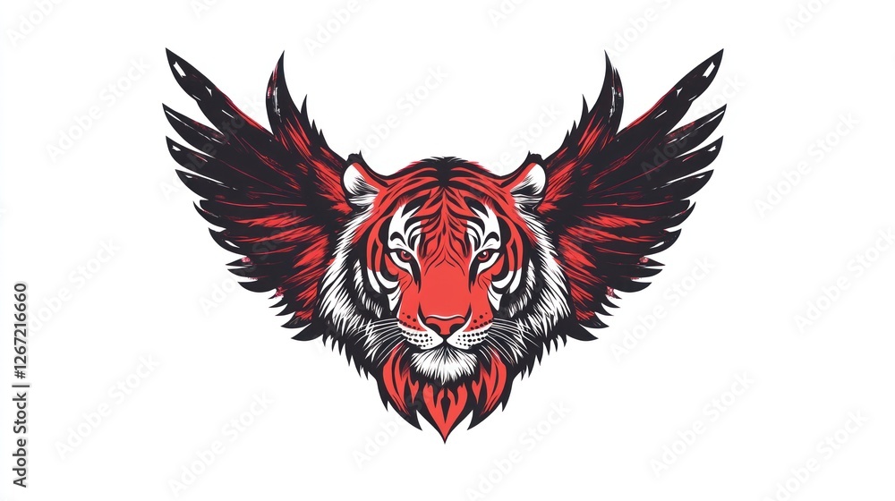 Obraz premium Graphic Tiger with wings on white backdrop, used for nature or sport symbol, animal designs