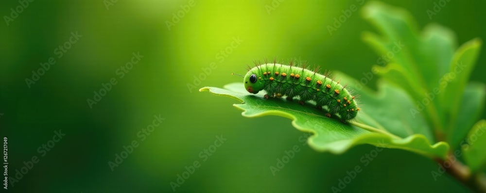 Obraz premium A Caterpillar on a Single Leaf of the Oak Tree, nature, insect, caterpillar