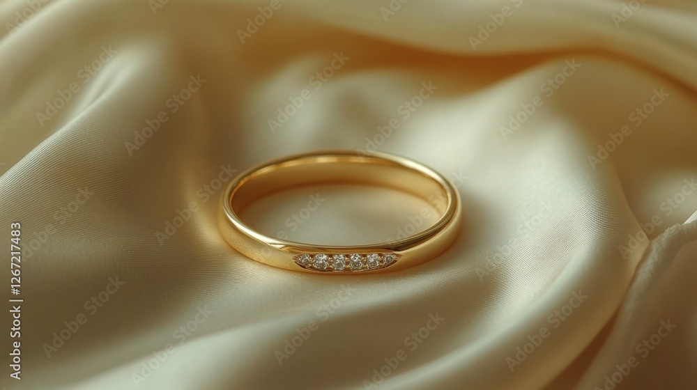 A simple yet elegant gold band with a row of small diamonds, placed on a luxurious satin cloth A simple yet elegant gold band with a row of small diamonds, placed on a luxurious satin cloth