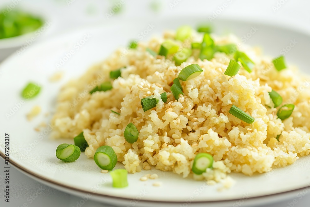 Delicious cauliflower fried rice garnished with fresh green onions, perfect for low-carb diet recipes. Concept showcases healthy alternatives with cauliflower fried rice Delicious cauliflower fried rice garnished with fresh green onions, perfect for low-carb diet recipes. Concept showcases healthy alternatives with cauliflower fried rice