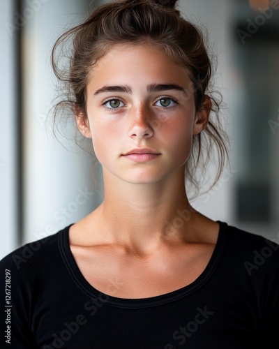 Intense close up portrait of young girl with serious expression raw emotions powerful gaze cinematic lighting thought provoking childhood perspective photo