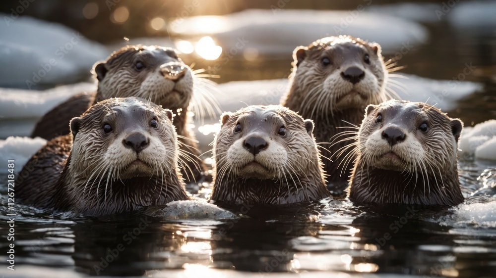 A group of five otters swimming together in a serene setting. A group of five otters swimming together in a serene setting.