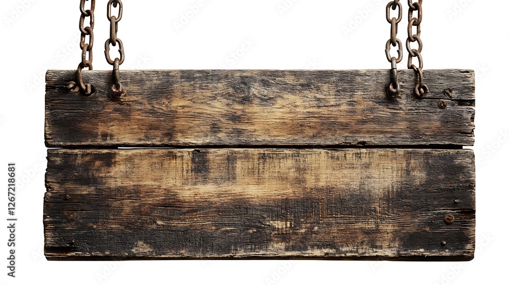 An old wooden sign hanging on chains, isolated against a white background. An old wooden sign hanging on chains, isolated against a white background.
