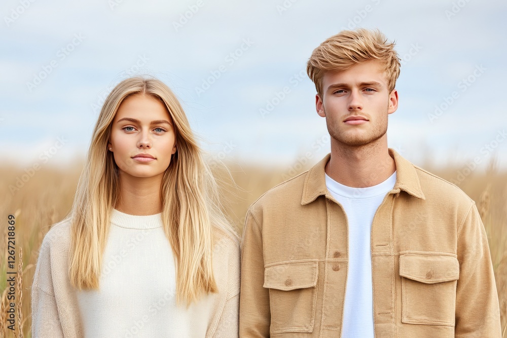Young blonde woman and young man with serious expressions standing together in wheat field modern portrait rural outdoor setting stylish neutral fashion natural lighting contemporary photography Young blonde woman and young man with serious expressions standing together in wheat field modern portrait rural outdoor setting stylish neutral fashion natural lighting contemporary photography